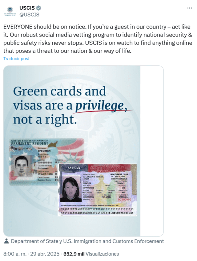El USCIS emite mensajes diarios en su cuenta de X (antes Twitter). Foto: Captura X @USCIS El USCIS emite mensajes diarios en su cuenta de X (antes Twitter). Foto: Captura X @USCIS