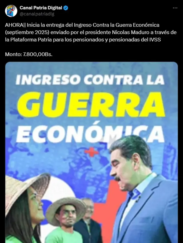  Anuncio del Bono de Guerra de septiembre 2025 para pensionados. Foto: Canal Patria Digital   