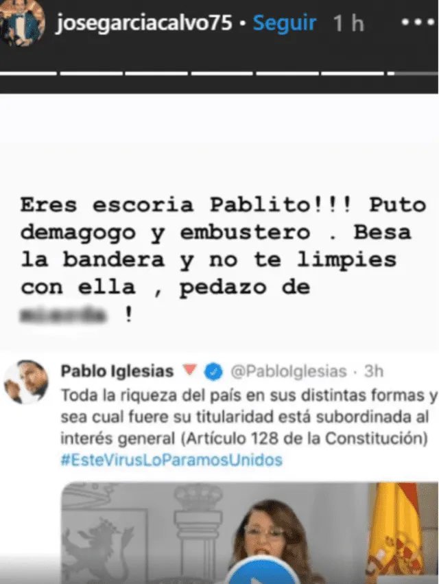 José Antonio García Calvo calificó duramente a Pablo Iglesias en su Instagram. Foto: Captura.