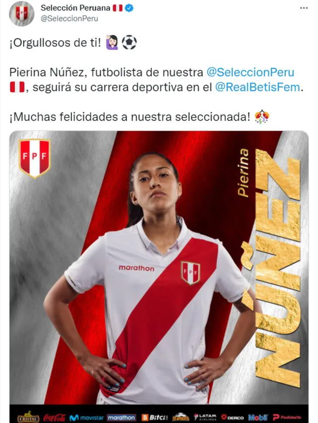 Las redes oficiales de la selección peruana destacaron el traspaso de Pierina Núñez al Real Betis Féminas. Foto: captura Twitter