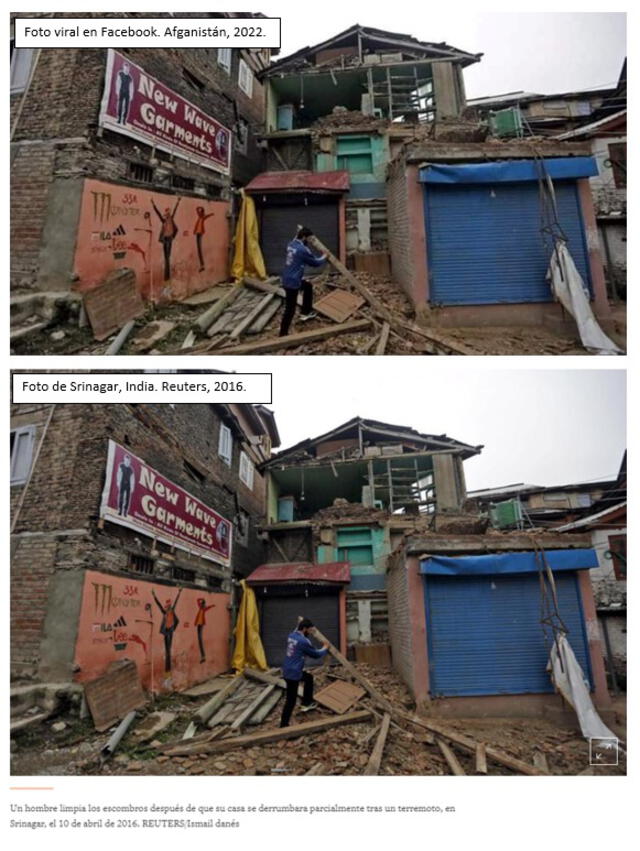 Comparación entre la fotografía tomada luego del terremoto de 6,6 grados que afectó a tres países (abajo) y la foto viral en Facebook. Fuente: composición