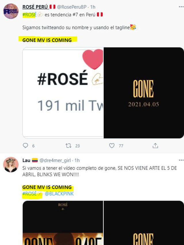 Tuits de fans sobre el MV "Gone" de Rosé de BLACKPINK. Foto: captura Twitter