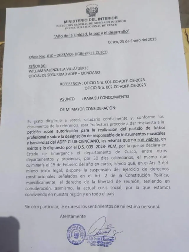  Oficio de la Prefectura Regional del Cusco enviado a Cienciano. Foto: Gustavo Peralta/Twitter 