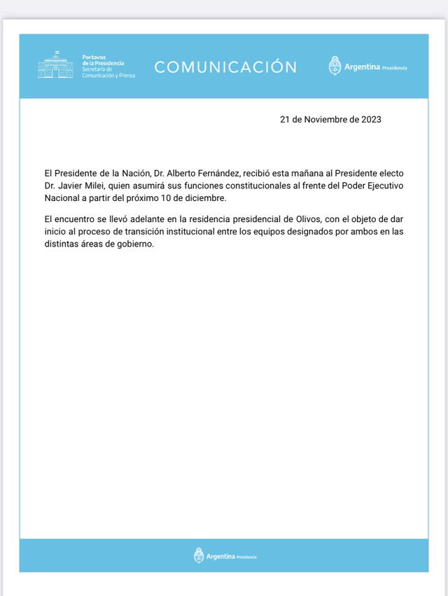  Comunicado de la Presidencia de Argentina sobre la reunión de Alberto Fernández y Javier Milei. Foto: @gabicerru/X<br>    