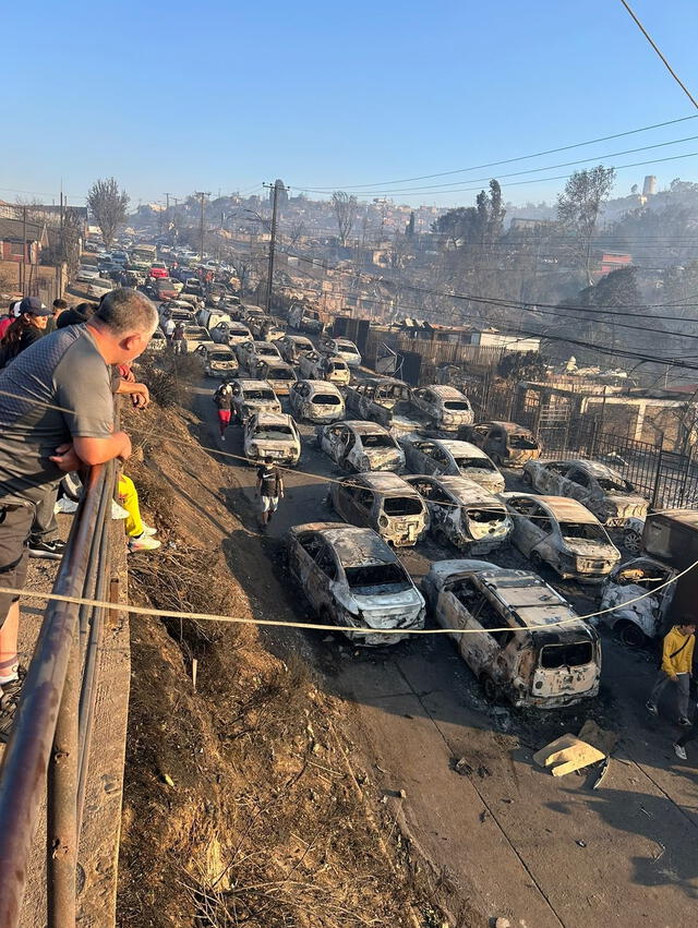 Varios carros calcinados por los incendios en Chile. Foto: Quilpué de Fernando Aspíllaga  