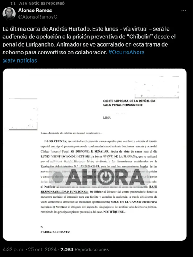 Audiencia para apelar prisión preventiva de Andrés Hurtado. Foto: X (antes Twitter)   