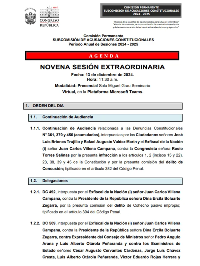  Orden del día de la Subcomisión de Acusaciones Constitucionales publicada para el viernes 13 de diciembre | Fuente: Congreso.    