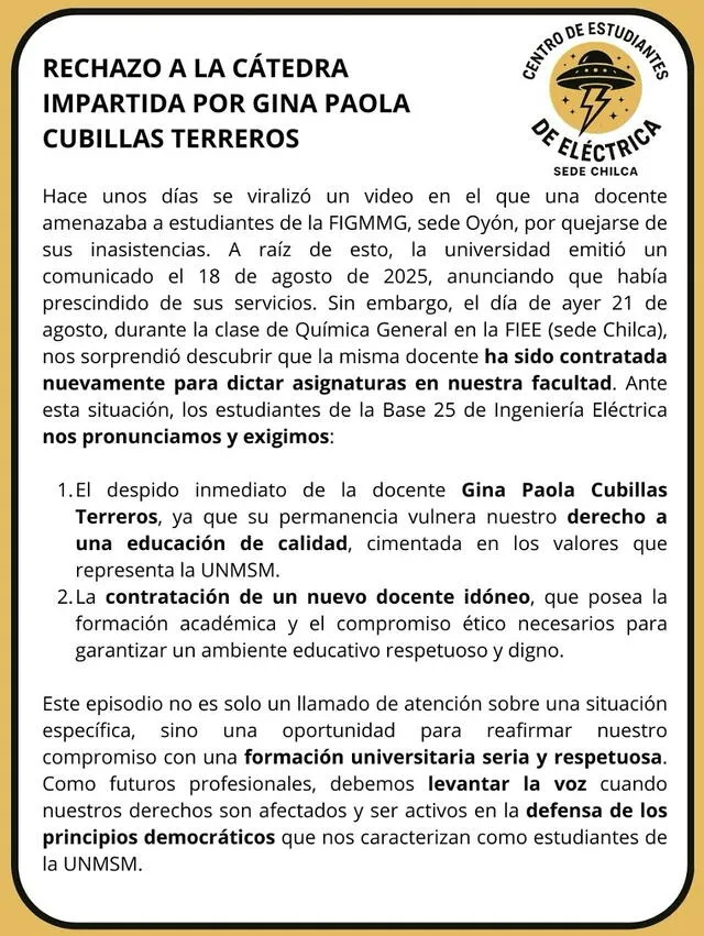 Alumnos protestan ante recontración de docente. Foto: difusión   