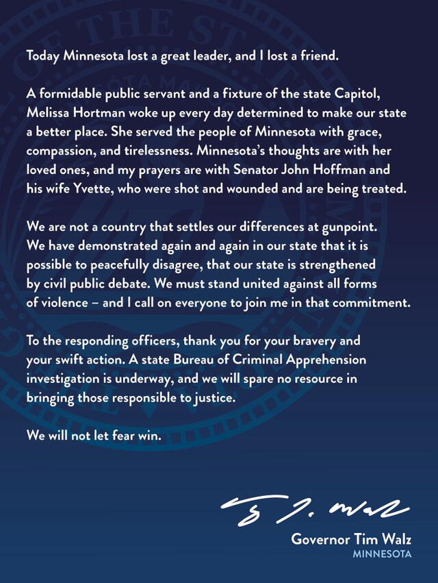 Tim Walz's statement on social media. Photo: @GovTimWalz/X Tim Walz's statement on social media. Photo: @GovTimWalz/X