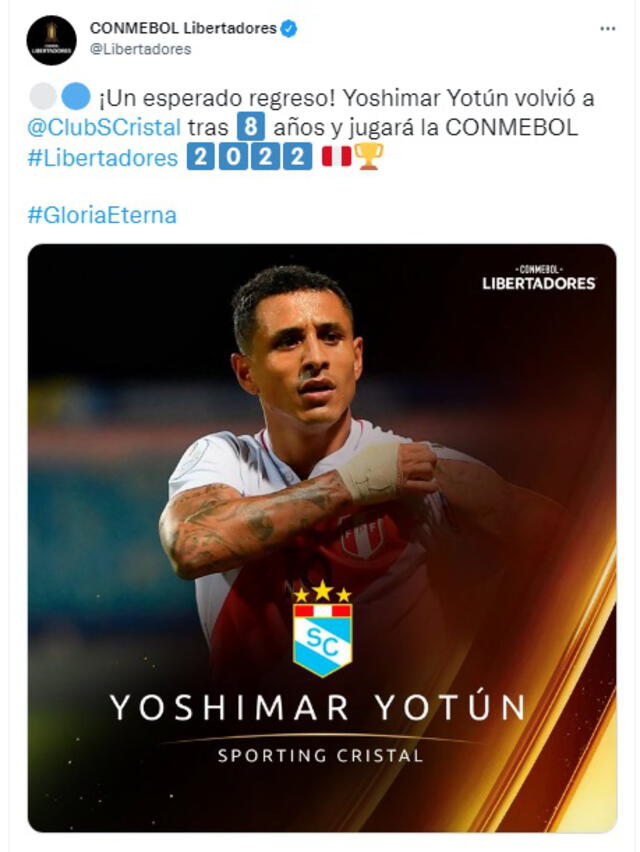 La Conmebol a través de su cuenta de la Copa Libertadores celebró la llegada de Yotún a Cristal.