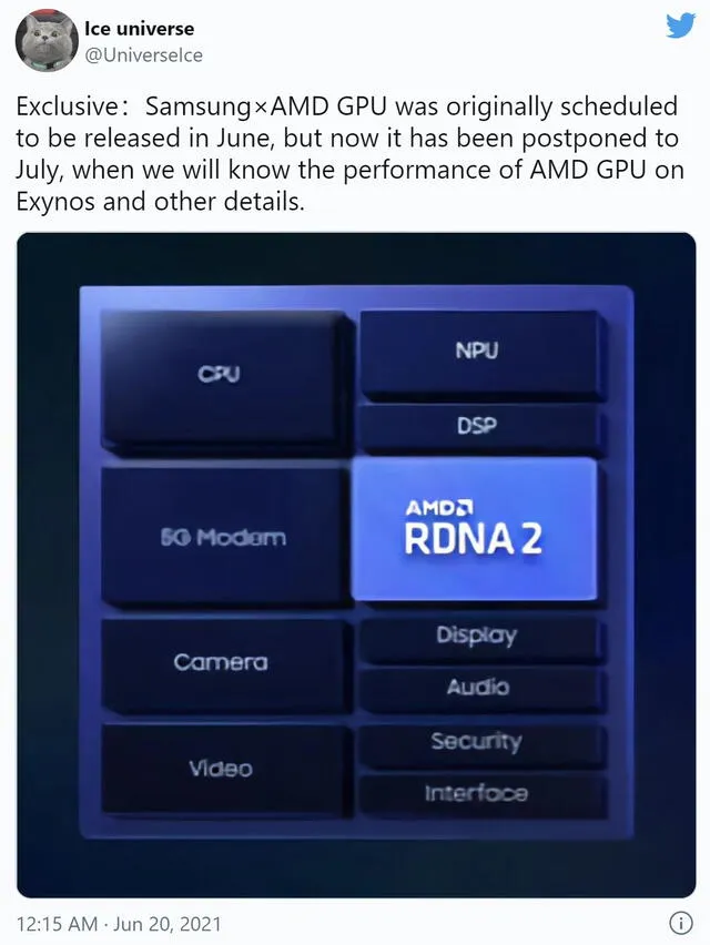 Ice Universe comentó que el SoC Exynos-Radeon estaba programado para junio originalmente. Foto: Twitter