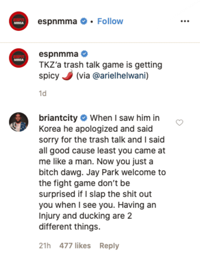 Brian Ortega le advierte a Jay Park que lo golpeará cuando lo vea. [Captura Instagram]