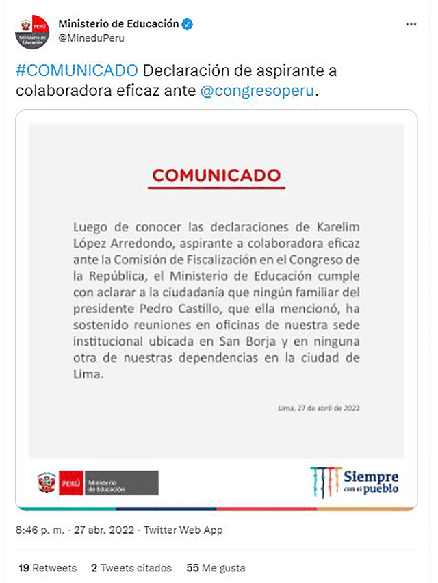 Comunicado Minedu. Foto: Ministerio de Educación/Twitter.