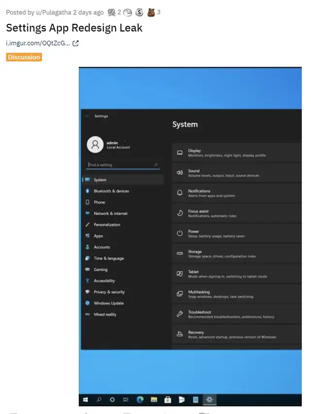 Presunto filtración del rediseño de la app de Configuración en Windows 11. Foto: Reddit