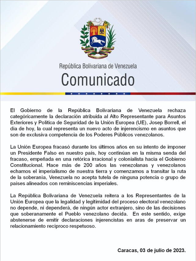 El Gobierno de Venezuela calificó lo dicho por Borrel como un acto injerencista.. Foto: @CancilleriaVE/Twitter   