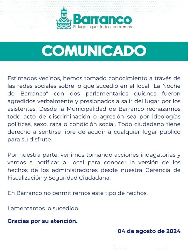 Comunicado de la Municipalidad de Barranco. Foto: X 