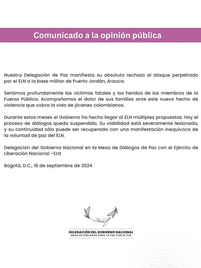 Colombia anunció la suspensión de los diálogos con el ELN. Foto: @DelegacionGob/X.   