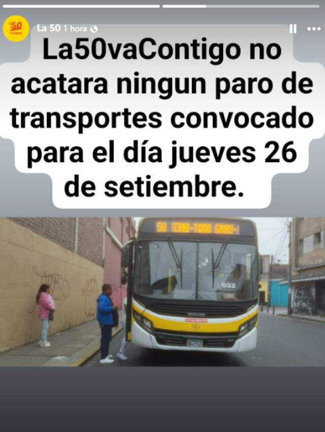 Empresa de transporte informó decisión en redes sociales. Foto: La 50/Facebook   