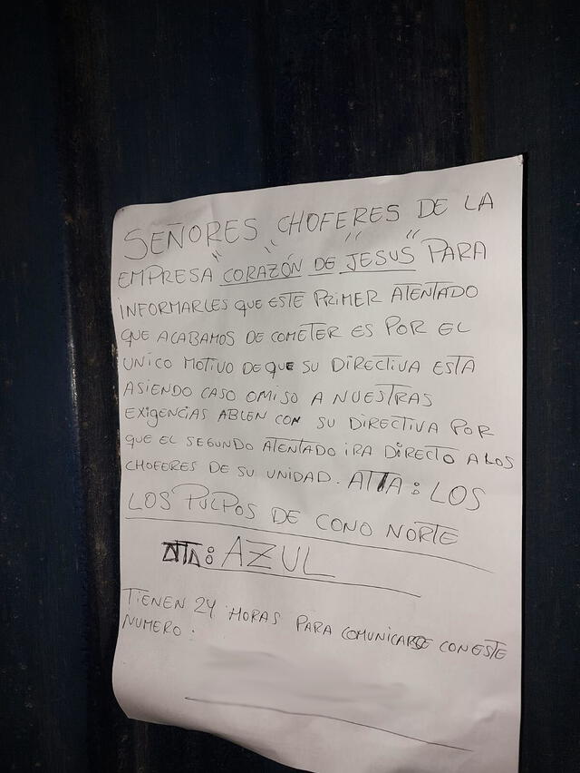  Carta extorsiva contra empresa de transporte. Foto: LR    