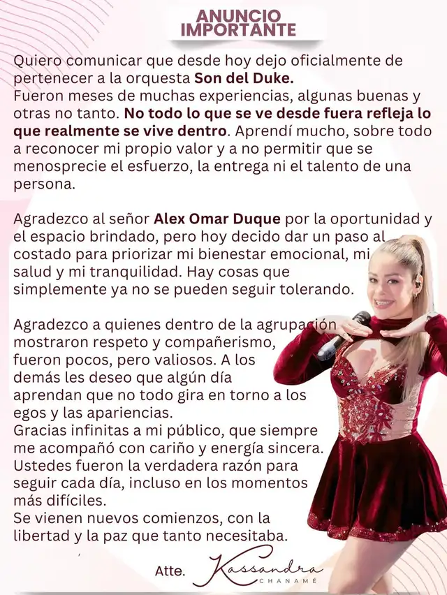  Kassandra Chamané deja Son del Duke. Foto: Instagram/kassandrachanameperu 