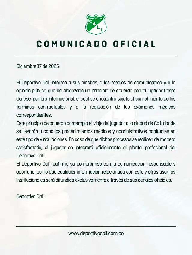 Comunicado de Deportivo Cali. Foto: X/Deportivo Cali. Comunicado de Deportivo Cali. Foto: X/Deportivo Cali.