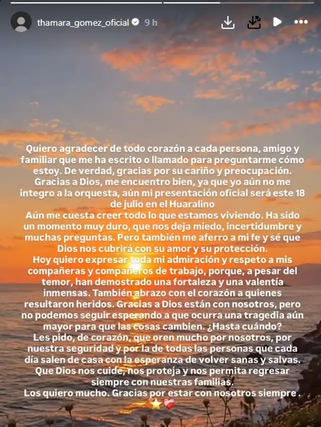 Thamara Gómez lamenta atentado contra Las Estrellas de la cumbia. Foto: Instagram. Thamara Gómez lamenta atentado contra Las Estrellas de la cumbia. Foto: Instagram.