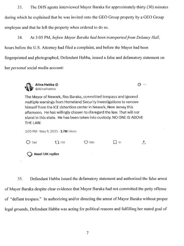 Newark Mayor Ras Baraka sues U.S. Attorney Alina Habba for false arrest and defamation after a trespassing case was briefly filed and dropped, lawsuit includes Habba’s social media post as evidence. Photo: X Newark Mayor Ras Baraka sues U.S. Attorney Alina Habba for false arrest and defamation after a trespassing case was briefly filed and dropped, lawsuit includes Habba’s social media post as evidence. Photo: X