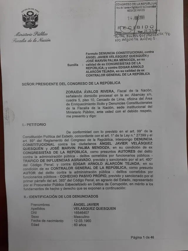 Denuncia constitucional interpuesta por la fiscal Zoraida Ávalos contra los exparlamentarios y el actual presidente de la Comisión de Fiscalización del Congreso.