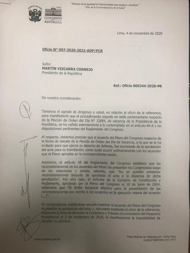 Manuel Merino rechaza solicitud del mandatario Martín Vizcarra.