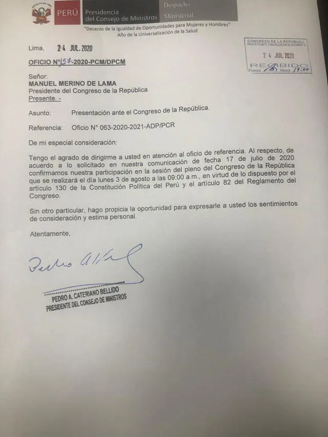 Pedro  Cateriano confirmó asistencia al Pleno del 3 agosto.