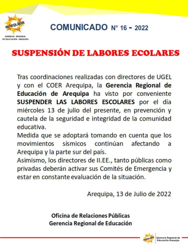 Arequipa: suspenden clases escolares para este miércoles 13 ante sismos