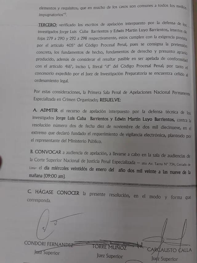 Admisión de apelación de Jorge Cuba y Edwin Luyo contra el uso de grilletes electrónicos.