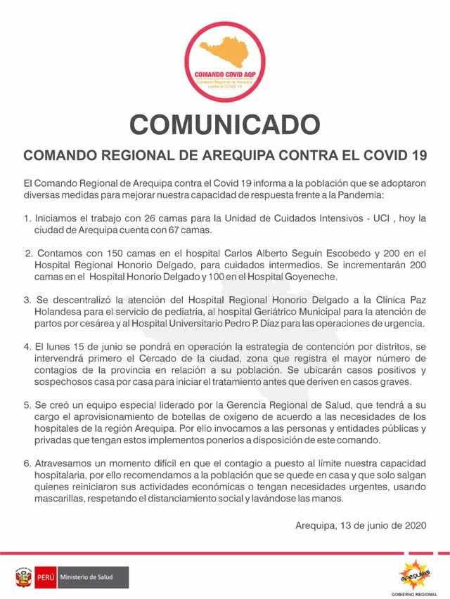 Comunicado Comando Regional de Arequipa contra el COVID-19.