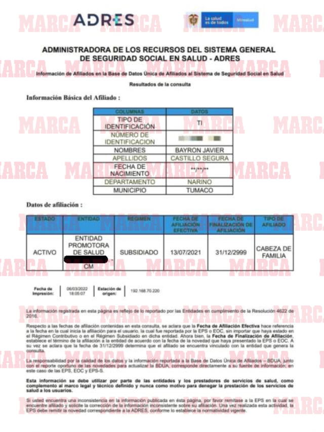 Documento que muestra a Byron Castillo inscrito en el seguro social de Colombia. Foto: Marca