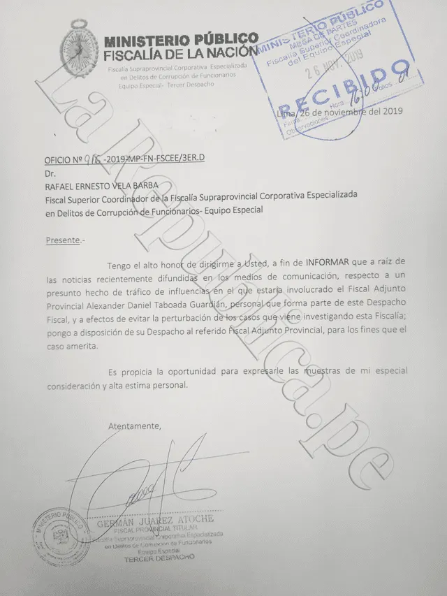 Escrito del fiscal Germán Juárez Atoche al fiscal Rafael Vela Barba. Foto: La República.