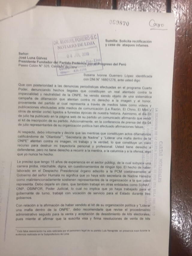 Vía notarial, ex gerente de ONPE exige a José Luna que se rectifique