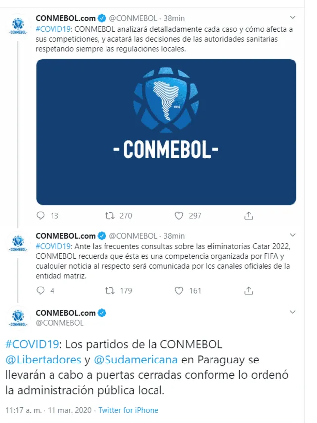 Conmebol se pronuncia sobre suspensión de Eliminatorias Qatar 2022 por coronavirus. Foto: Captura Twitter.
