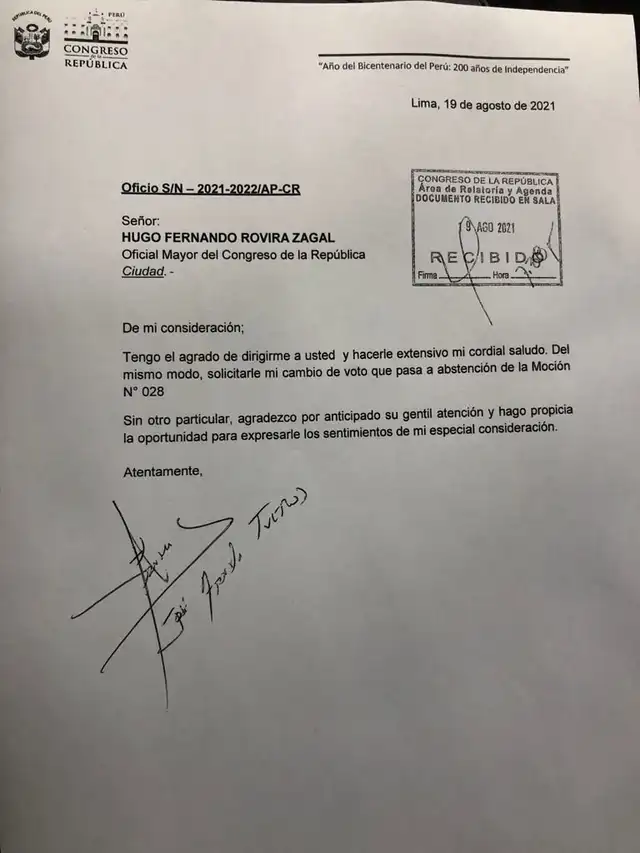 La carta de Arriola al Oficial Mayor del Congreso pidiendo que cambien su voto a abstención