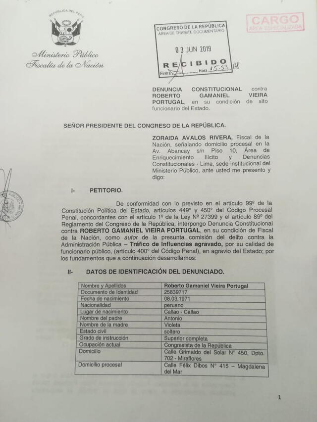 Fiscalía presenta denuncia constitucional contra Vieira