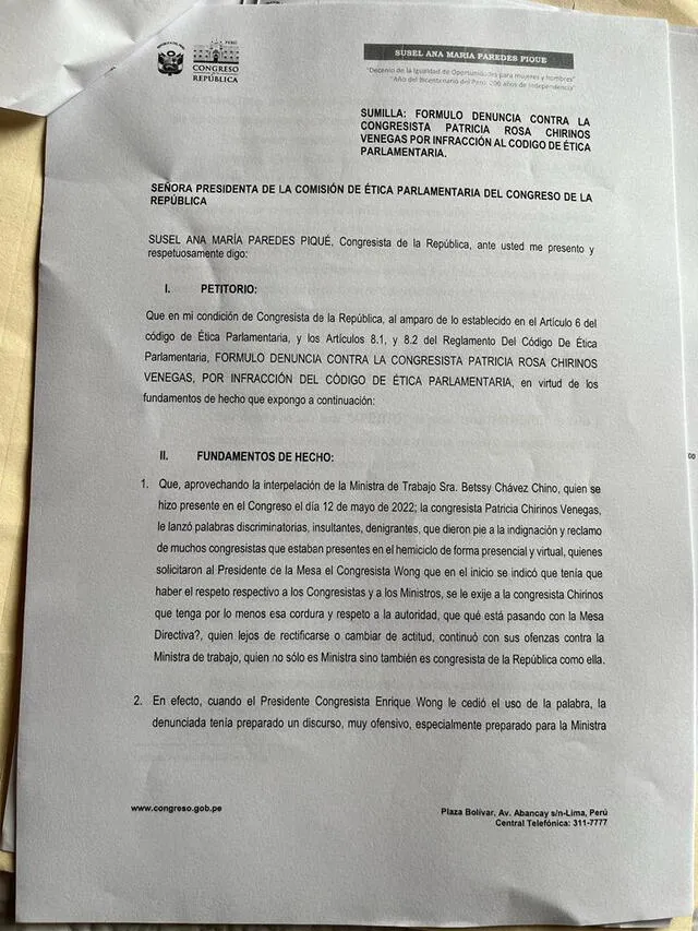 Susel Paredes denuncia a Patricia Chirinos ante Comisión de Ética por calificativos contra Betssy Chávez. Foto: documento