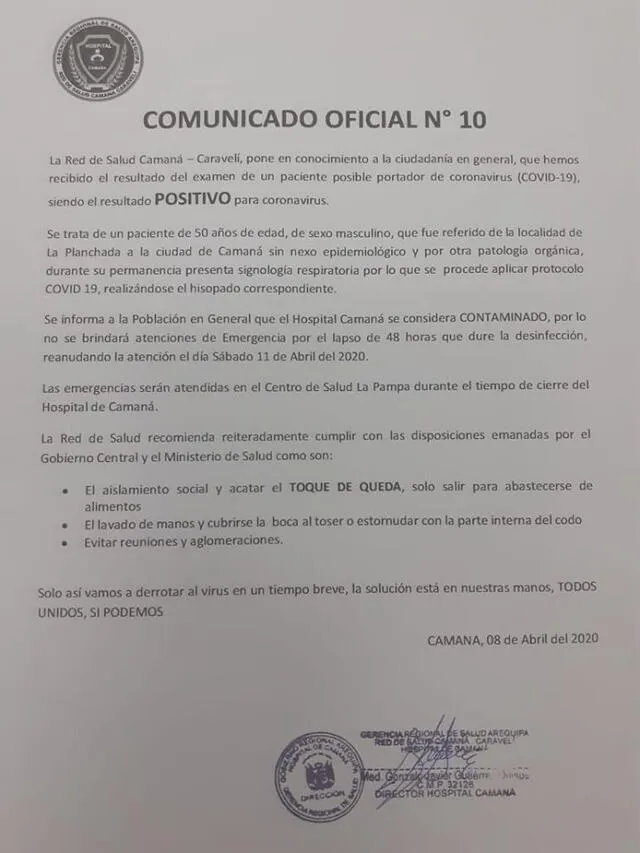 Comunicado Red de Salud Camaná-Caravelí.