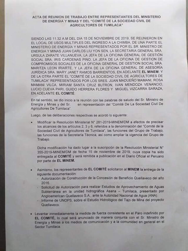 Acuerdos sobre paro en Tumilaca.