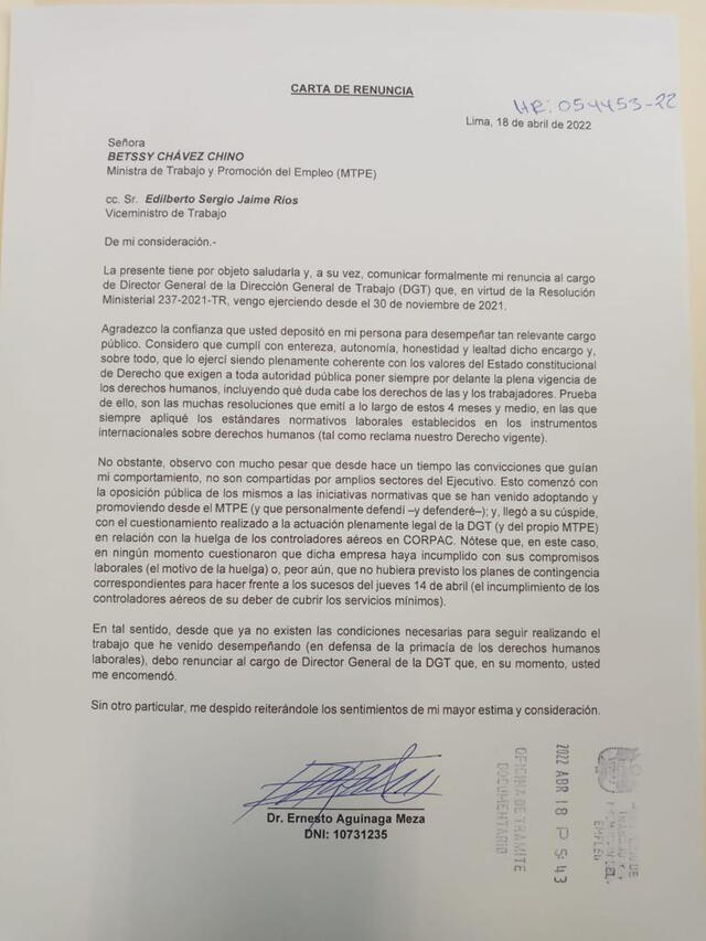 Carta de renuncia de Ernesto Aguinaga Meza al cargo de director general del Trabajo. Foto: captura