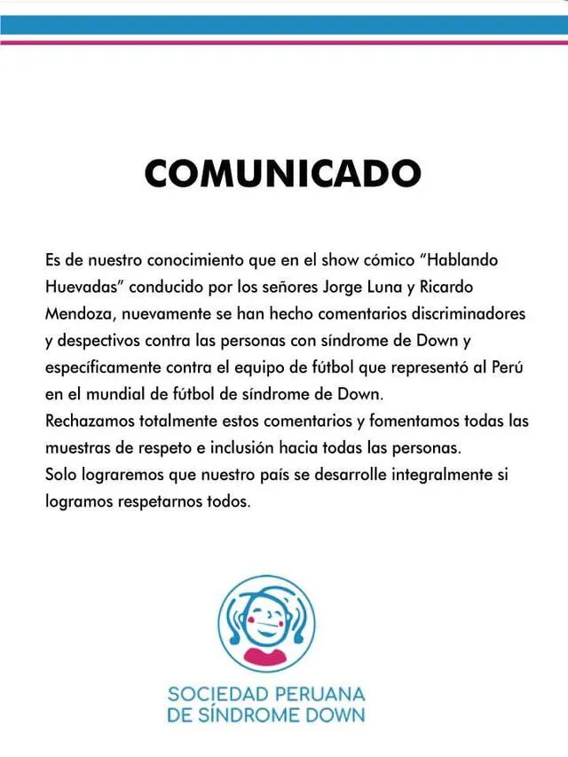 Comunicado de Sociedad Peruana de Síndrome de Down.