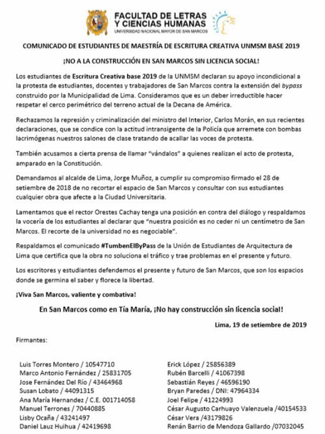 Comunicado de los estudiantes de la Facultad de Letras y Ciencias Sociales sobre la toma de San Marcos.