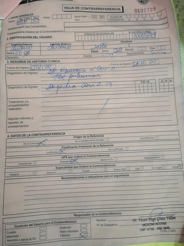 Diagnóstico de entrada: Neumonía y TBC pulmonar. Diagnóstico de salida: sospecha de COVID-19. Foto: Ana Padilla. Diagnóstico de entrada: Neumonía y TBC pulmonar. Diagnóstico de salida: sospecha de COVID-19. Foto: Ana Padilla.