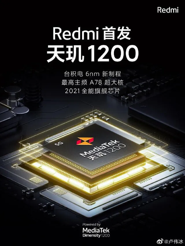 Afiche promocional del próximo Redmi con procesador Dimensity 1200. Foto: Weibo / Lu Weibing