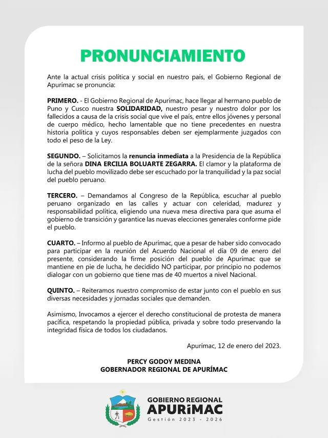 Gobierno Regional de Apurímac emitió pronunciamiento. Foto: difusión