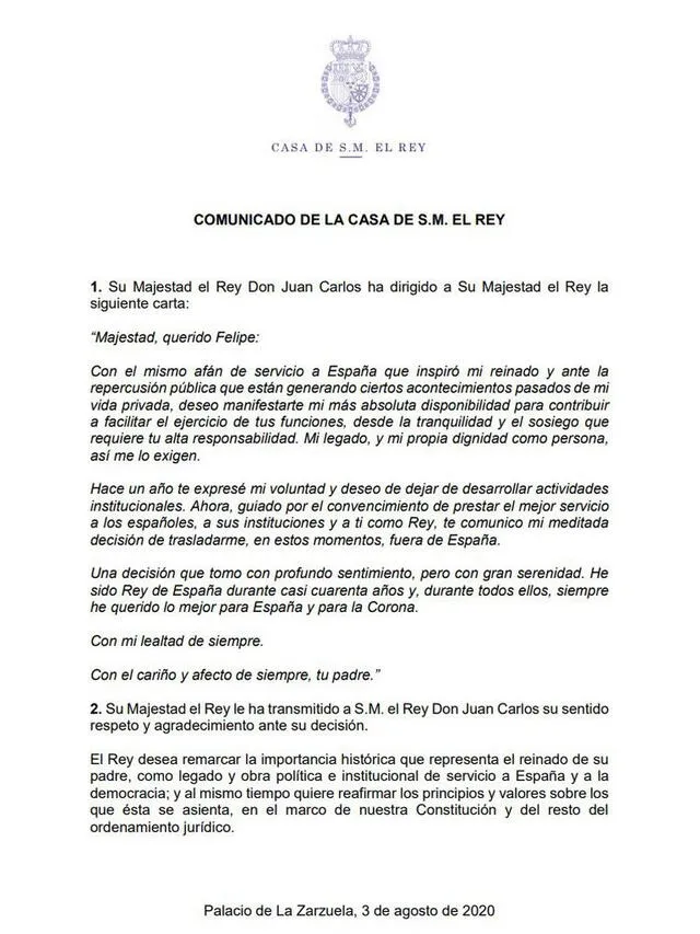 Comunicado del rey emérito Juan Carlos I. Foto: Difusión.