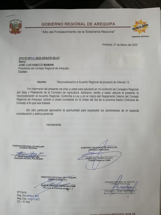 Majes Siguas II: pedido de reconsideración sobre adenda 13 ya tiene firma de 4 consejeros